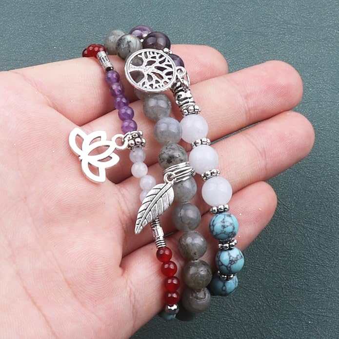 UEUC Tree of Life Yoga Healing Stone Bracelets,Multilayer Lotus Chakra Stone Reiki Bracelet Sets,Anxiety Crystal Natural Stone,for Women Stress Relief