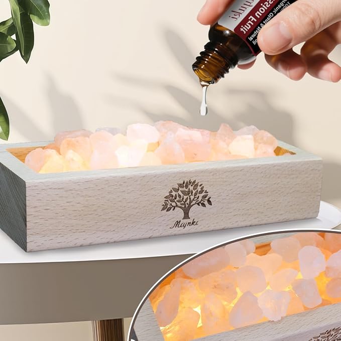 Himalayan Pink Salt Lamp Diffuser with Wood Base - 300g Natural Salt, USB Powered, Warm Light & 10ml Passion Fruit Essential Oil Set for Aroma, Relaxation, Meditation, Home Decor, Gifts