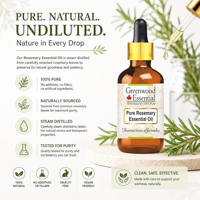 Greenwood Essential Pure Rosemary Essential Oil (Rosmarinus officinalis) with Glass Dropper Steam Distilled 5ml (0.16 oz)