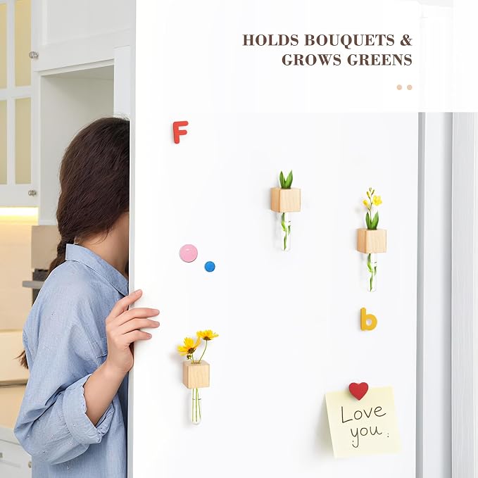 Magnetic Test Tube Flower Vases for Refrigerator, Set of 2 | Wooden magnetic vases in a natural wood finish for fresh cuttings and plant propagation. Plant not included.
