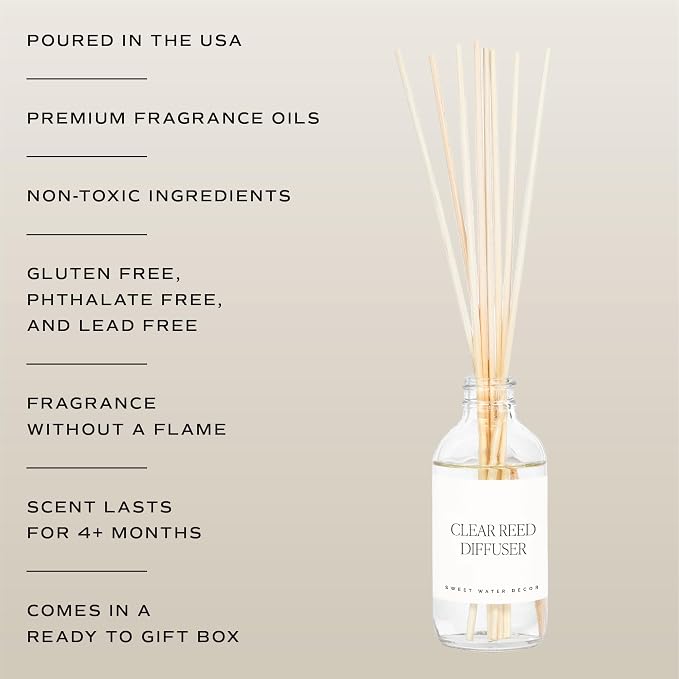 Sweet Water Decor Coastal Lemon Clear Reed Diffuser – Room Decor Aesthetic with Long-Lasting Premium Fragrance of Lemon, Sea Salt, Jasmine & Driftwood for 4 Months – Ideal for Home Décor
