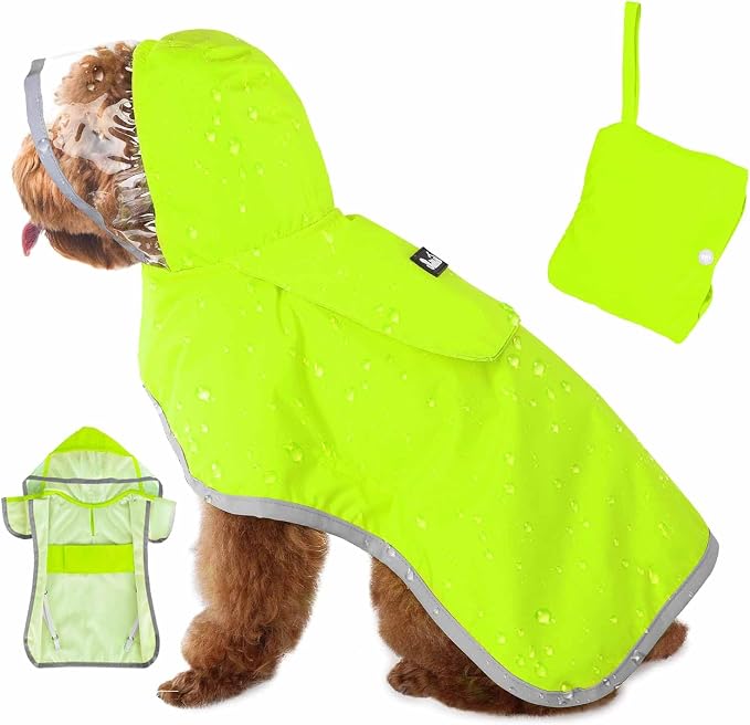 Lukovee Dog Raincoat, Waterproof Rain Jacket, Clear Hood & Reflective Rim | Easy On Off Adjustable Straps, Leash Hole, Soft Mesh Lining, Storage Pocket, Poncho for Small Medium Large Dogs (Green, S)