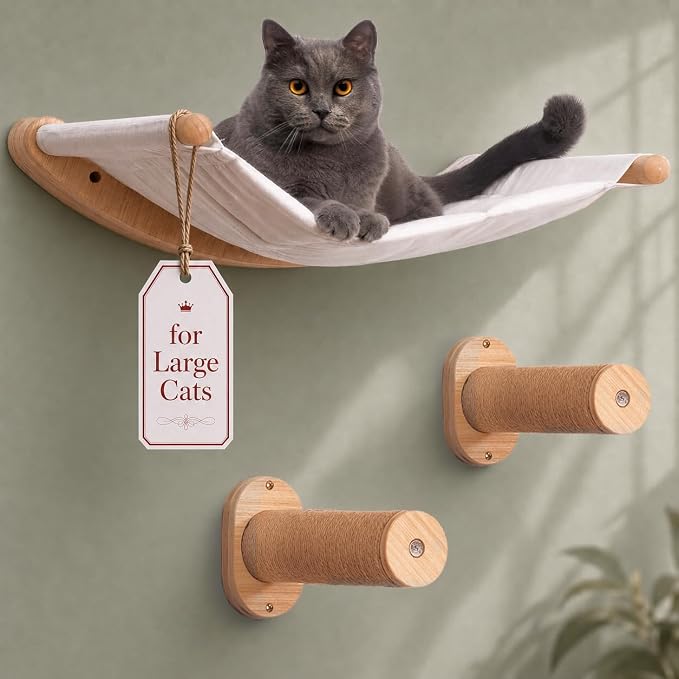 Cat Wall Hammock with 2 Steps for Large Cats | Complete cat wall shelves set with a roomy 21-inch wall mounted cat hammock, removable cushion and 2 sturdy climbing steps