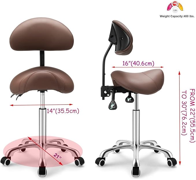 Kaleurrier Saddle Stool Rolling Swivel Height Adjustable with Wheels,Heavy Duty Anti-Fatigue Ergonomic Saddle Chair for Hair Beauty Salon Lab Dental Massage Office Home Kitchen (with Back, Coffee)