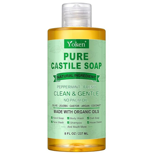 Peppermint Castile Soap Liquid 8 OZ, Made with Certified Organic Oils, Gentle Peppermint Soap for Body Wash, Face, Hands, Dishes, Laundry & More - Vegan & Natural Ingredients Versatile Cleanser