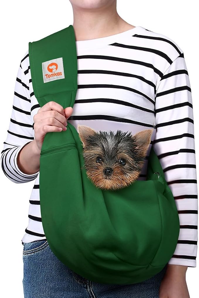 Tomkas Small Dog Cat Sling Carrier Puppy Purse Travel Wrap Soft Crossbody Pet Bag (Emerald Green, M - Zip Pocket & Adjust Strap)