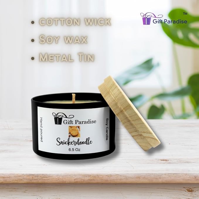Snickerdoodle Soy Wax Candle in Black Metal Tin, 6.5 oz, Cotton Wick