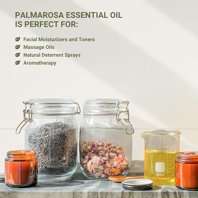 Palmarosa Essential Oil Direct from Norex Flavours India for Skin and Aromatherapy - Aceite de Palmarosa for Candle Scent for Candlemaking and Soaps (8oz)