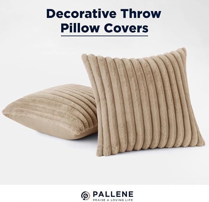 Pallene Faux Fur Decorative Throw Pillow Covers 18x18 Set of 2, Khaki | Luxury Plush Texture, Striped Design, Cozy Soft Touch, Modern Home Accent Decor for Couch, Sofa, Bed, Living Room