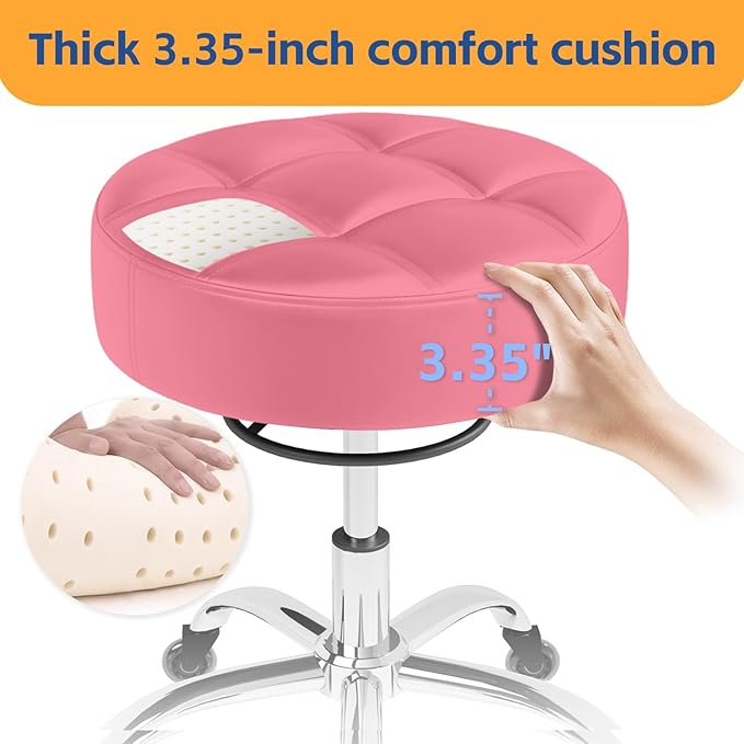 YEEZEE Rolling Stool Heavy Duty 400lb: Super Soft Leather Seat Cushion, 360 Swivel, Height Adjustable 19.7"-25.3", No Squeaky Noises, No Tip Over, Salon & Spa Stool, Pink