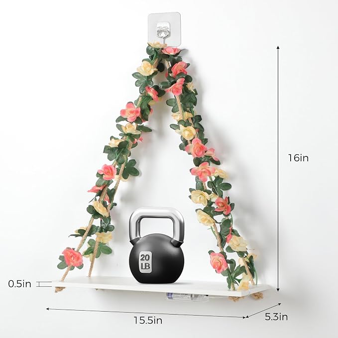 EXIN DECHEN Wall Decor for Bedroom,Floating Shelves,Room Decor Aesthetic | Set of 2,No Drill Shelves,Leaves and Light Strip with Flower,Cute,Teen Girls,Princess,Coquette for Dorm Livingroom Decor