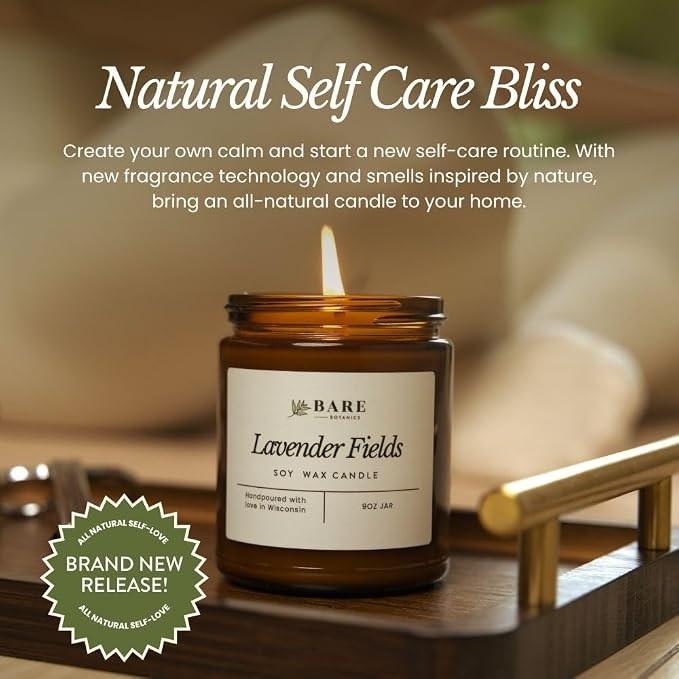 Bare Botanics Non-Toxic Warm Vanilla Oak 9oz Soy Candle - 100% Plant-Based Fragrance Oils - Handpoured in WI - 40+ Hrs