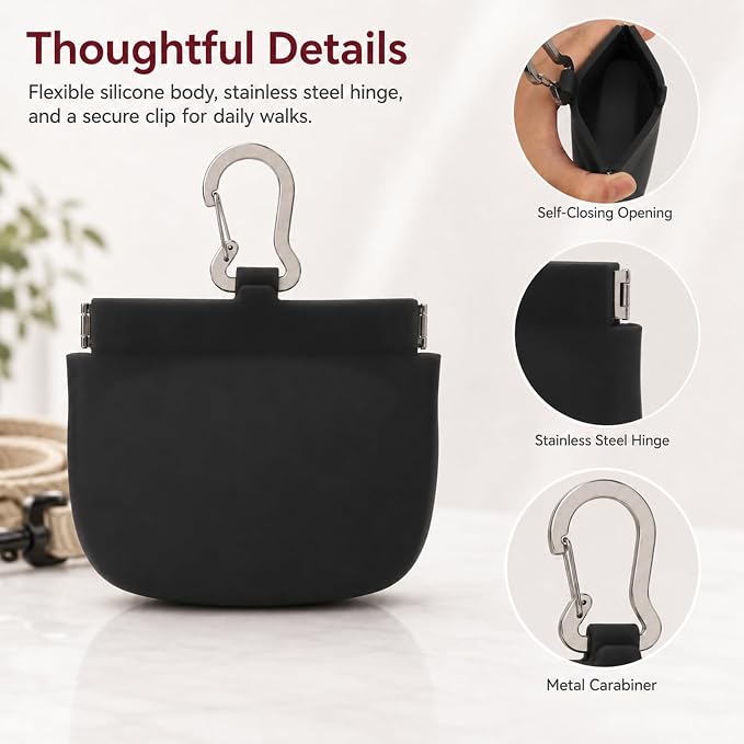 Silicone Dog Treat Pouch for Pet Training One-Hand Access One Cup Silicone Treat Bag with Pull Tab and Auto Closing Lid Treat Pouches for Leash(Color: Black)