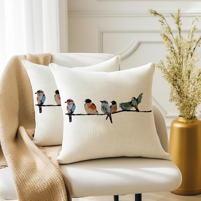 RABUSOFA 18x18 Outdoor Birds Pillow Decorative Throw Pillows,Small Throw Pillows for Couch,Hand-Painted Pillowcases Spring Summer Decorations Cushion Covers Cotton Linen for Sofa Teal Blue