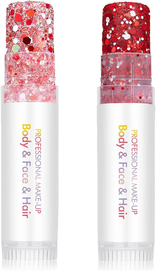 Christmas Body Glitter Stick Red Face Glitter Pink Hair Glitter Valentine's Face Paint Rave Makeup Glitter Festive Face Gems Party Fine Chunky Glitter Stick for Women Girls 2Pack