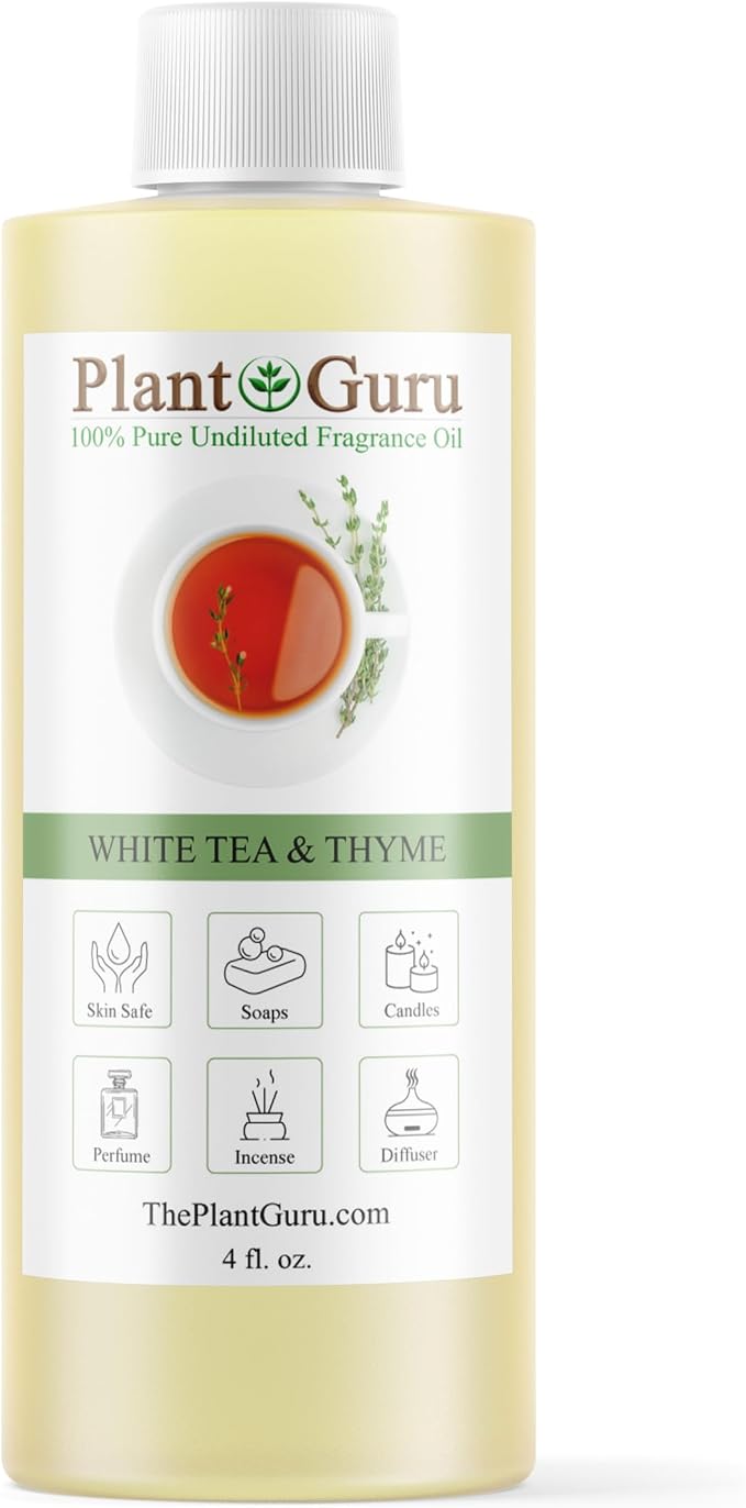 White Tea & Thyme Fragrance Oil 4 fl. oz. Scented Oil for DIY Soap Making, Candles, Bath Bombs, Body Butters. Used In Aromatherapy Diffusers, Burners and Warmers. Great Addition To Lotions and Creams.
