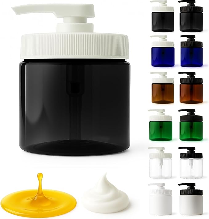 Royal Massage 16oz Refillable Pump Jar with Locking Dip Tube Dispenser – BPA-Free Plastic Container for Massage Oils, Lotions, Creams – Ribbed Lid Wide-Mouth Jar – Durable & Reusable (Black/White, 1)