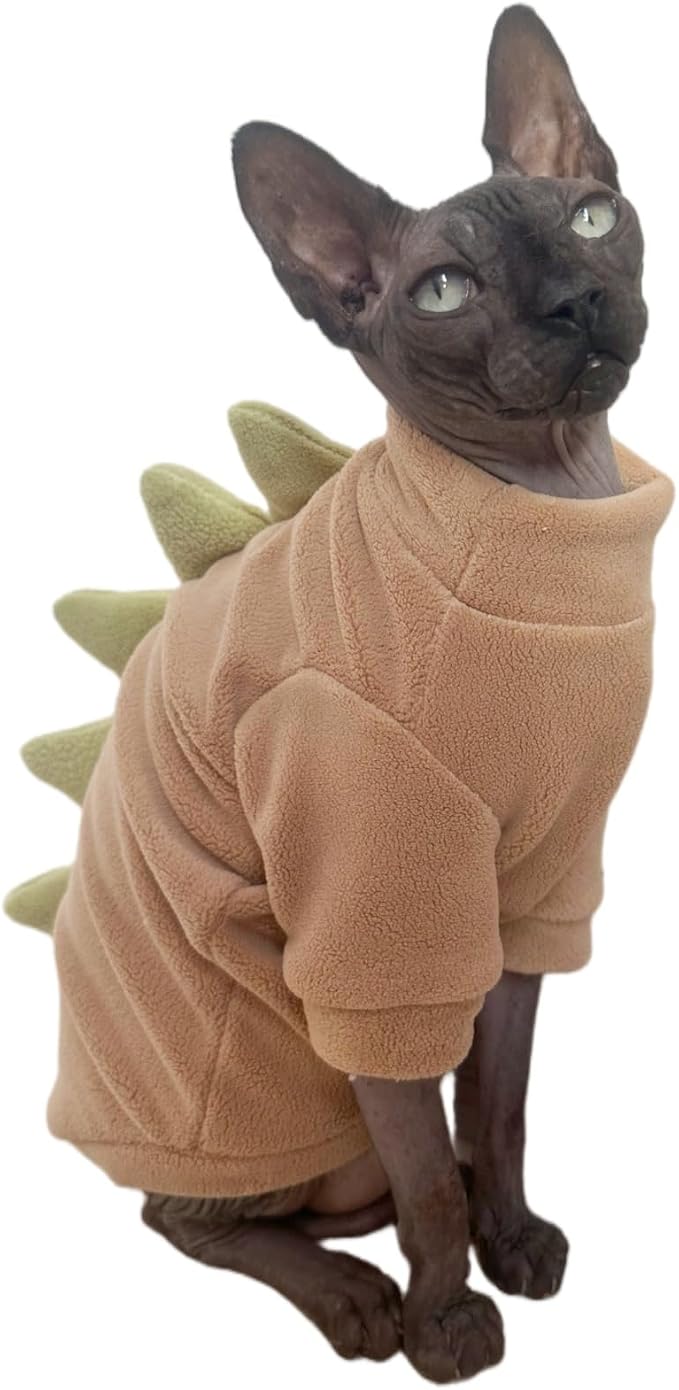 Khaki Dinosaur Sphynx Cat Clothes Sweater Hairless Cat Apparel | Soft, Elastic, Warm Polar Fleece,Winter Warm Outfit