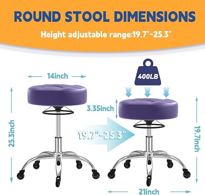 YEEZEE Heavy Duty 400lb Rolling Stool: Super Soft Leather Seat Cushion, 360 Swivel, Height Adjustable, No Squeak, No Tip Over, Salon & Spa Stool, Purple