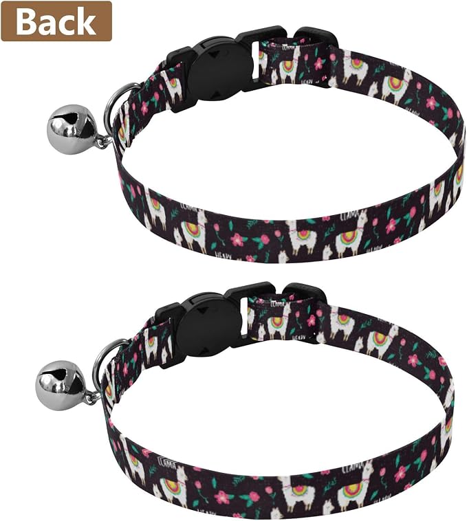 2 Pack Cat Collar Cute Llamas Striped Floral Breakaway Cat Collars with Bell, Adjustable Length 10.6" to 17.1"