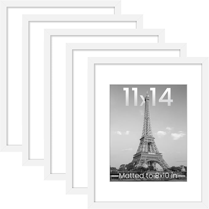 upsimples 11x14 Picture Frame, Gallery Wall Frames Set of 5, White | Photo Frame Collage Wall Decor, 11 x 14 Frame, 8x10 Frame with Mat for Family, Baby, Hallway, Diamond, Christmas