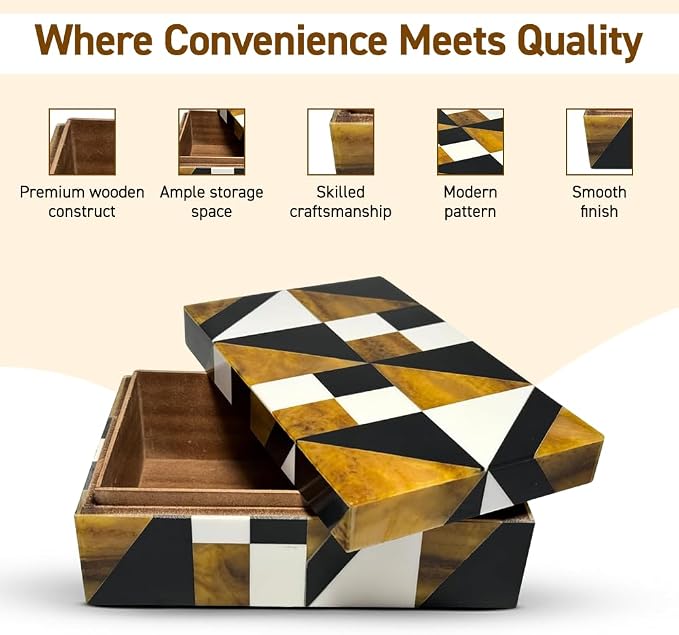 Perilla Home Home Decor Decorative Storage Wooden Box Small Geometric Organizer Tool Stash Card Craft Trinket Memory Keepsake Jewelry Box for Men and Women, Gifts For All, Brown, Black and Off White