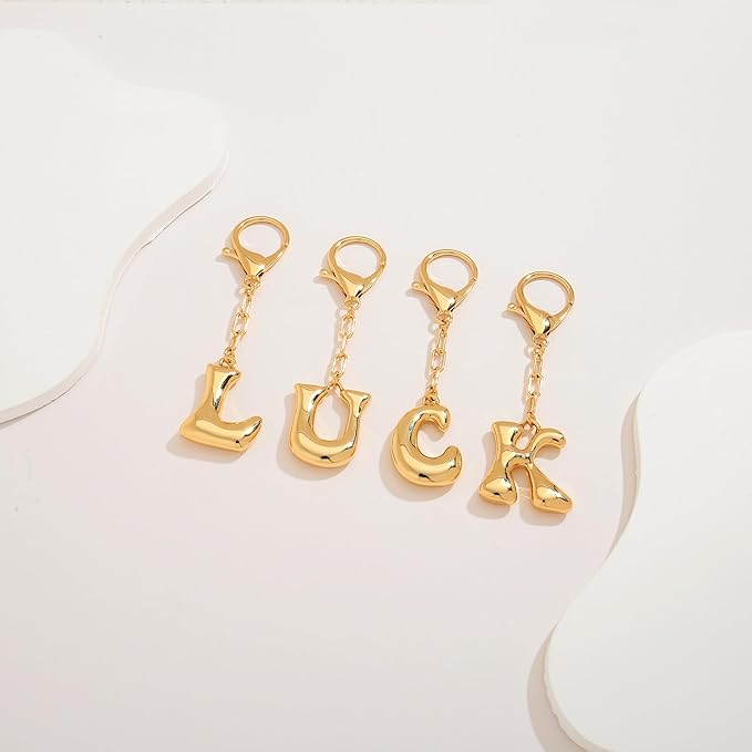 WOWORAMA Initial Letter Keychain for Women Chunky Gold Bubble Letter Bag Charm Purse Charm Personalized Keyrings Accessories