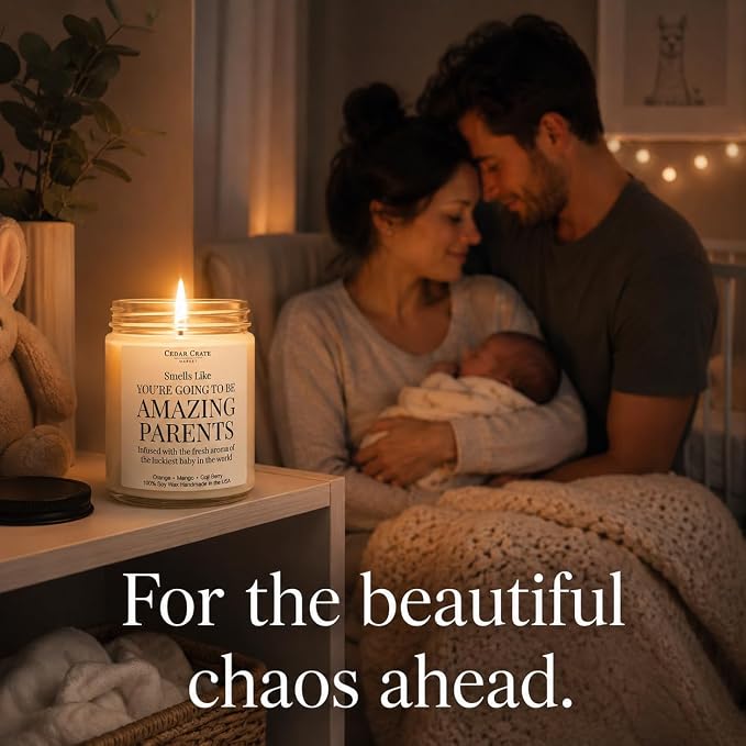 Cedar Crate Market New Parents Gifts for Couples, Baby Shower Pregnancy Gift, Gender Reveal Candle, New Mom First Time Mom Dad, Orange, Mango, Goji Berry 9oz Soy Wax, Made in USA, 45+ Hour Burn