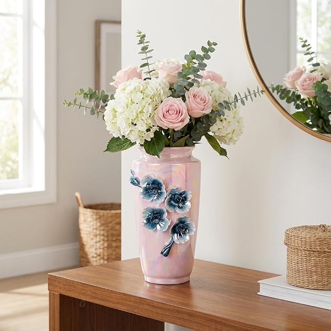 Pink Ceramic Vase 9 Inch - Modern Decorative Vase for Home Decor, Living Room, Centerpiece, Wedding, Office, Pink Decor
