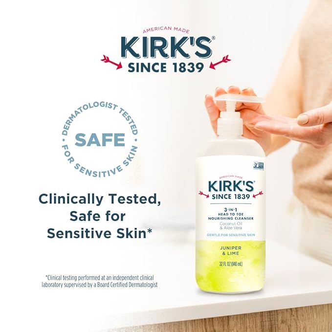 Kirk's 3-in-1 Head to Toe Nourishing Liquid Cleanser- for Men, Women & Children - Premium Coconut Oil & Aloe Vera- Non GMO & Vegan -Juniper & Lime - 32 Fl Oz 2 Pack