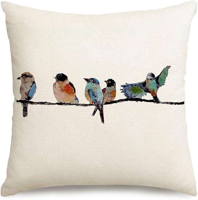RABUSOFA Outdoor Birds Pillow Covers 20x20 Inch,Lumbar Small Throw Pillows for Couch,Spring Summer Hand-Painted Pillowcases,Teal Blue Pillows Decorative Throw Cushion Covers Cotton Linen for Sofa