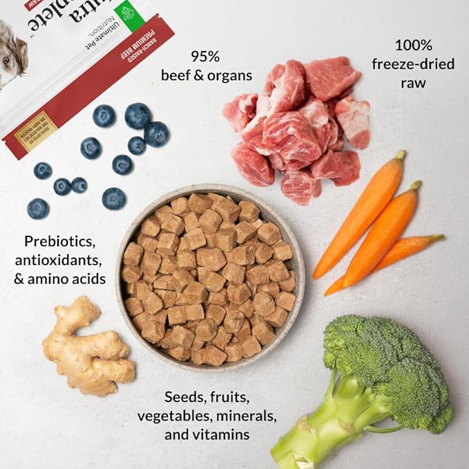 ULTIMATE PET NUTRITION Nutra Complete Freeze-Dried Raw Dog Food, Beef 1lb | Vet-formulated with antioxidants, prebiotics, & amino acids, full meal or topper for adult canines, all breeds & sizes