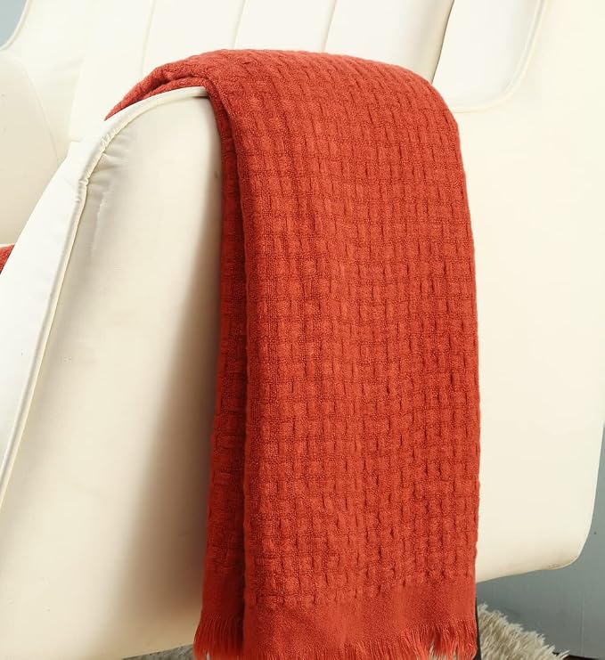 CREVENT 50"X60" Farmhouse Breathable Lightweight Spring Summer Fall Knit Throw Blanket for Couch Chair (Burnt Orange/Rust Brick Red - Waffle Christmas Red)