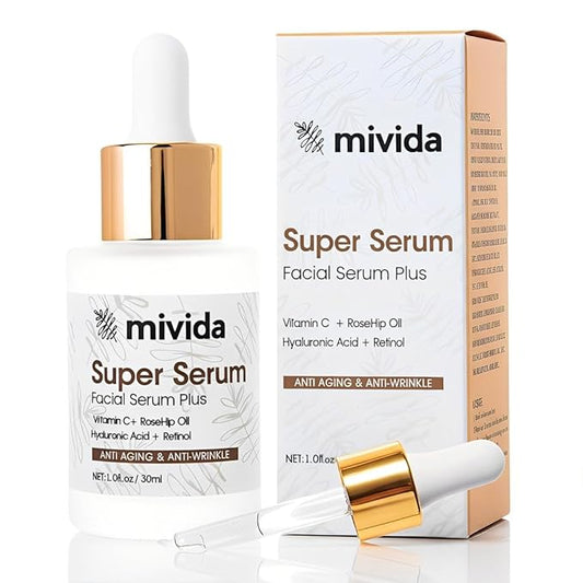 mivida Super Serum 4-in-1 Anti-Aging Face & Neck Serum | Retinol, Vitamin C, Hyaluronic Acid & RoseHip Oil | Reduces Fine Lines, Wrinkles & Dark Spots, Firms & Hydrates for a Youthful Glow – 1 Fl Oz