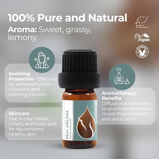 Essences Bulgaria Organic Real Melissa Essential Oil 1/3 Fl Oz | 10ml | Melissa Officinalis | 100% Pure and Natural | Undiluted | Therapeutic Grade | Family Farm | Steam-Distilled | Non-GMO | Vegan