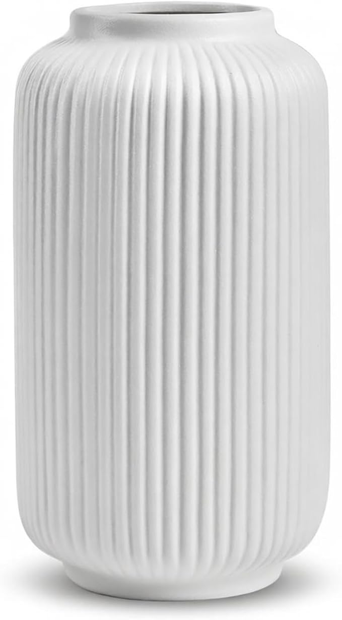 White Ceramic Vase, 8 Inch Modern Flower Vase for Bouquet and Pampas Grass, Matte Frosted Large Opening Decorative Vase for Farmhouse Table, Shelf Decor