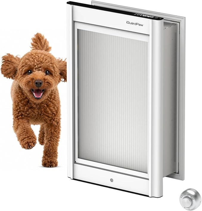 Automatic Dog Door for Wall, Smart Dog Door with Collar Sensor, S | aluminum, collar-activated, scheduled access, pet-only access, adjustable sensing range, anti-pinch, wall-mounted S, white