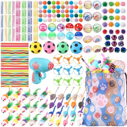Leitee 201 Pcs Cat Toys Assortment with Gift Storage Bag, Interactive Cat Play Set for Indoor Kitten, Colorful Springs, Mouse Toys, Balls, Bells & Sisal Ball