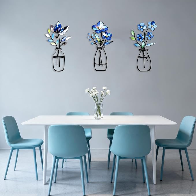 3 Pcs Metal Vase Wall Arts,Iron Art Painting,Rustic Farmhouse Decor Minimalist Flower Wall Decor for Bedroom Bathroom Living Room Dining Room(Blue, Vase-D)