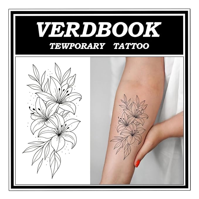 Waterproof Temporary Tattoos: 2-Sheet Tattoo Kit with Realistic Body Stickers, Semi-Permanent Tattoos for Adults Lasting 7-15 Days – Safe for Men & Women, Lily Pattern.
