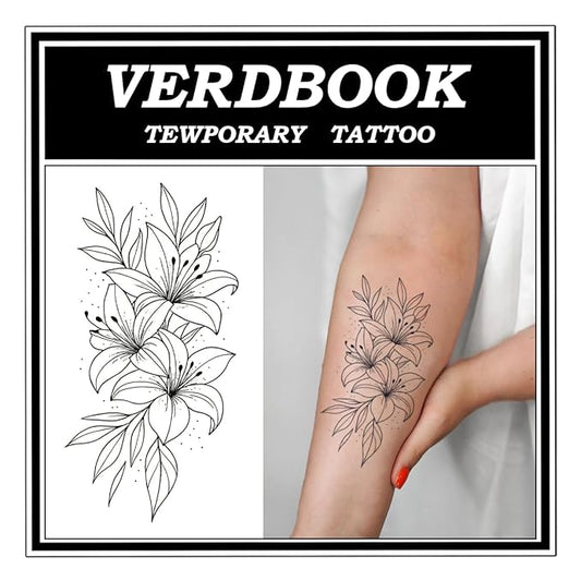 Waterproof Temporary Tattoos: 2-Sheet Tattoo Kit with Realistic Body Stickers, Semi-Permanent Tattoos for Adults Lasting 7-15 Days – Safe for Men & Women, Lily Pattern.