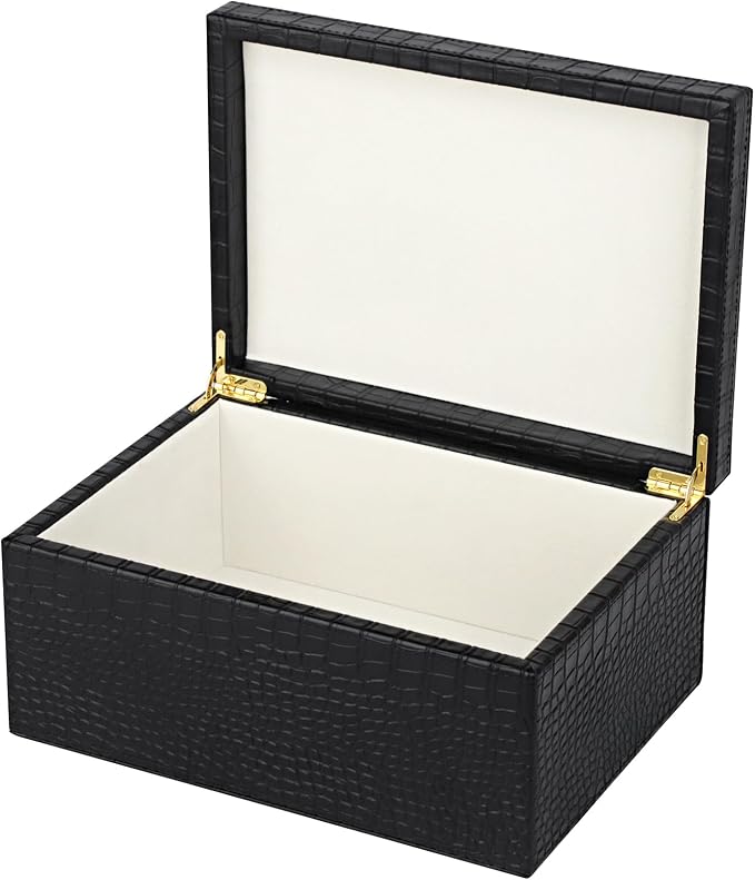 HofferRuffer Faux Leather Decorative Box, Large Wooden Structure Keepsake Box Accessory Organizer Jewelry Organizer with Hinged Lid, Storage Container for Home or Office (CrocoBlack)