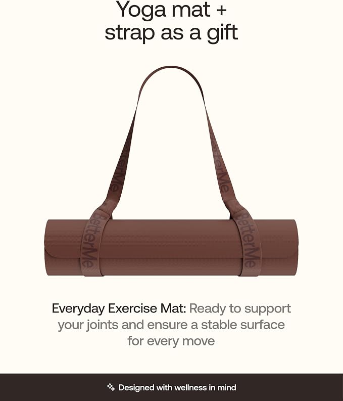 BetterMe Yoga Mat - Non-Slip Exercise Mat for Women - Cushioned Pilates Mat for Home Workouts, Stretching & Hot Yoga - Portable Fitness Mat with Strap
