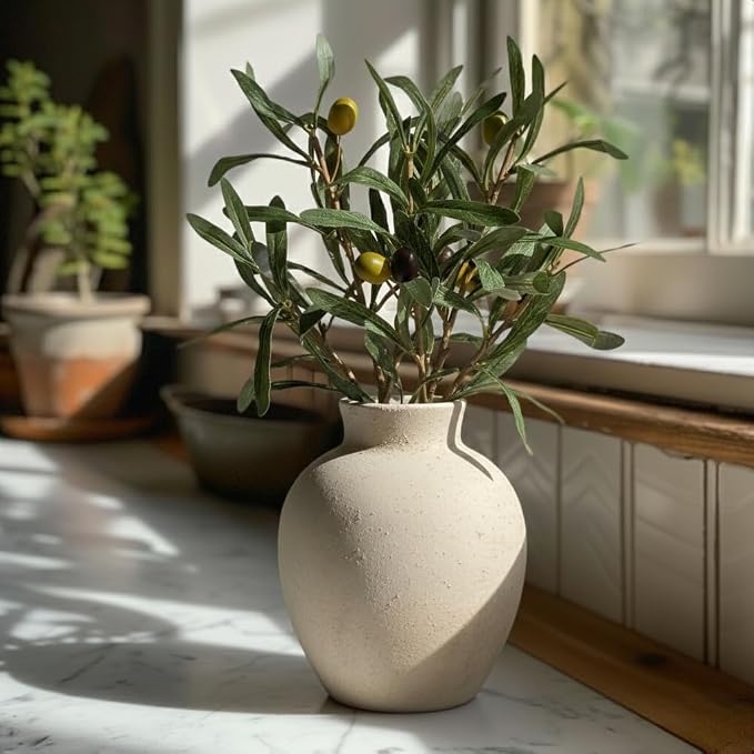 SIDUCAL Ceramic Decorative Flower Vase | 6 Inch Pottery Rustic Farmhouse Boho Vase for Home Decor, Table, Living Room, Bathroom, Shelf, Mantel Decoration, Wedding, White