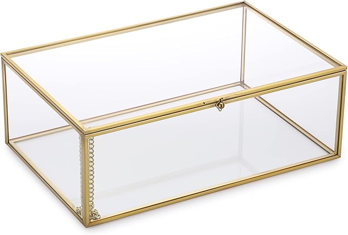 Hipiwe Vintage Glass Keepsake Box - Rectangle Jewelry Display Case, X-Large | Gold Vanity Organizer Lidded Boxes Home Decor Accent for Storage Trinket Rings Bracelet Rock