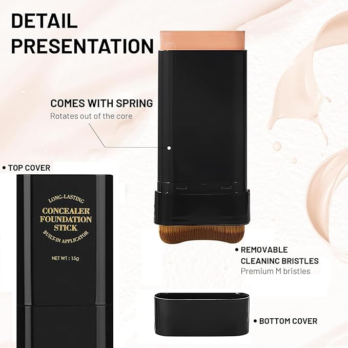 Foundation Stick,2 in 1 Dual-Ended Long-Lasting & Waterproof Concealer Korean Foundation Contour Sticks,Contouring Foundation with Brush,Full Coverage Matte Finish for Face Makeup(01IVORY)