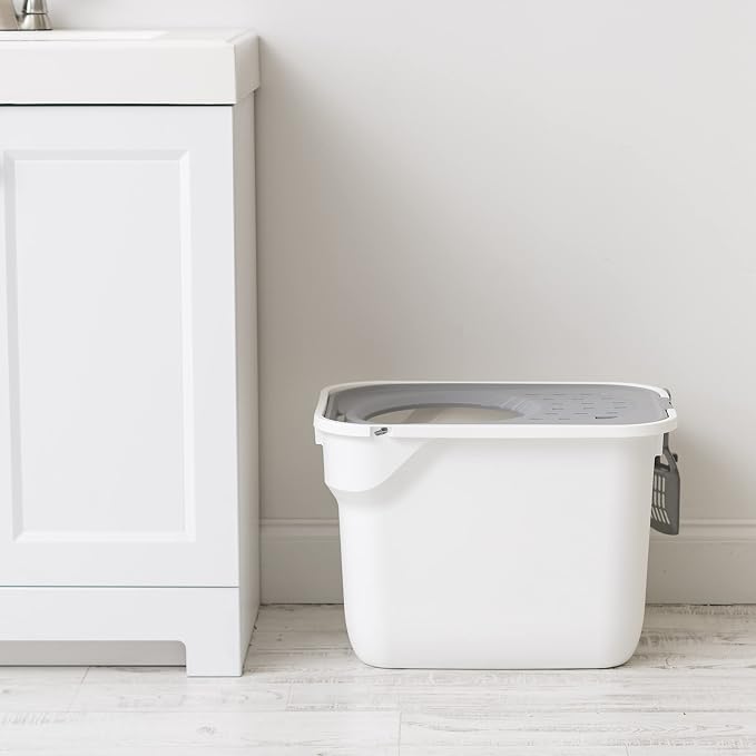 IRIS USA Large Top Entry Cat Litter Box, Hooded Privacy, White/Gray | Dog-Free Zone, Dog Proof Pan, Mess Containment System, Protected Interior, Odor Trapping, Easy Scoop Access