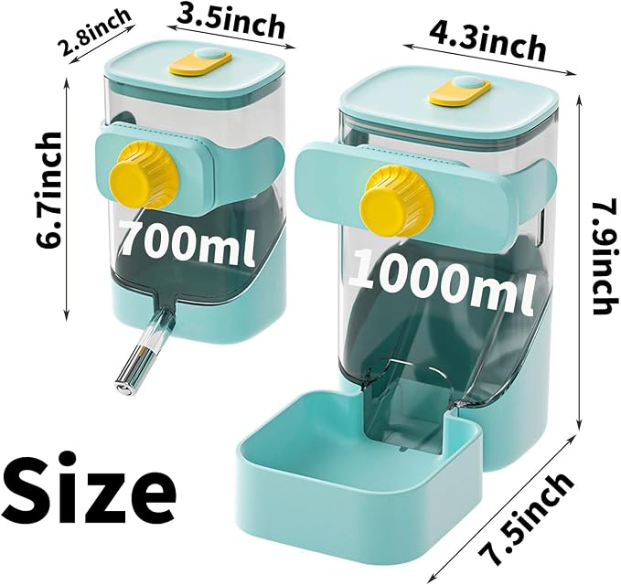 PODOO 34oz Rabbit Food Dispenser, Bunny Feeder Bowl, Large Hanging Automatic Pet Food Dispenser, Hanging Outside or Inside The Cage for Ferret Guinea Pig Rat Cat Puppy (Food) | 24oz water dispenser and 34oz food feeder with clear detachable containers;...
