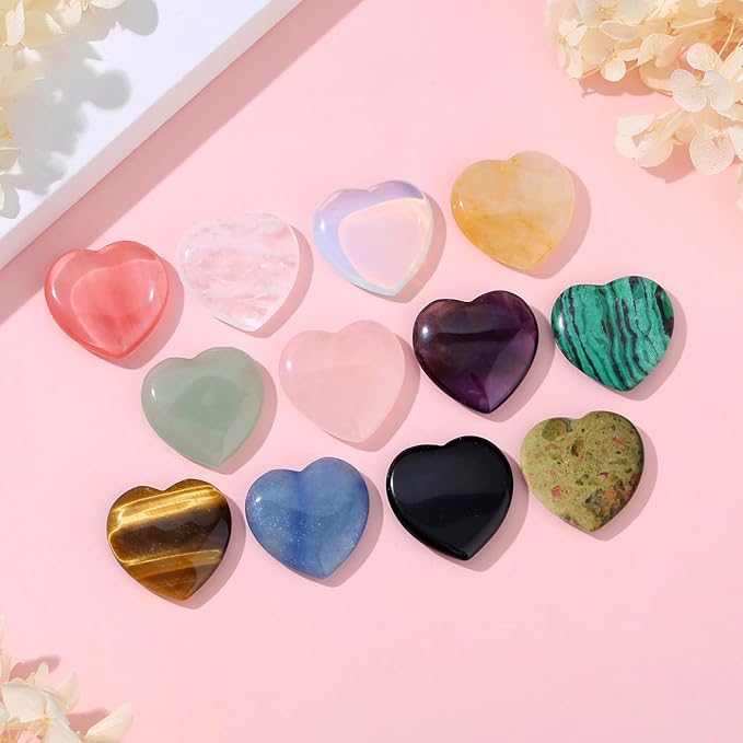 DUQGUHO 1 Inch Hearts Crystals and Healing Stones Reiki Gemstones Healing Crystals Mini Crystal Hearts Set Quartz Heart Shaped Crystals Polished Gems Spiritual Valentine's Day Gifts Bulk 12 PCS