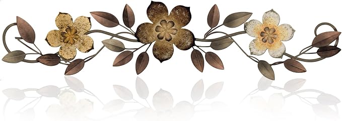 Wesiti Metal Flower Wall Decor Vintage Metal Flower Wrought Iron Scroll Sculpture 15.7''x3.7'' Not 3D, Flat Farmhouse Leaf Wall Decor with Nails for Summer Bedroom Kitchen Indoor Outdoor(Brown)
